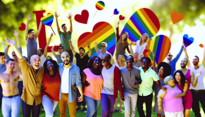 alt_text: A joyful gay outing in a park, with couples, friends, and vibrant elements celebrating love.