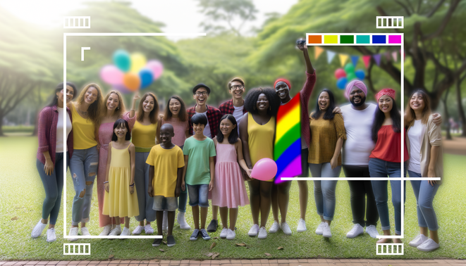 alt_text: A joyful, diverse group celebrates in a park, embodying friendship and pride with colorful elements.